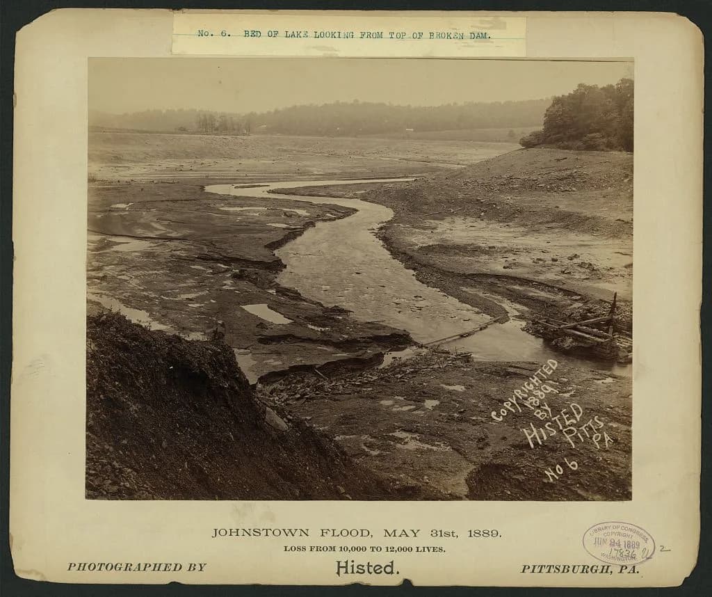 The empty bed of Lake Conemaugh seen from the broken dam
