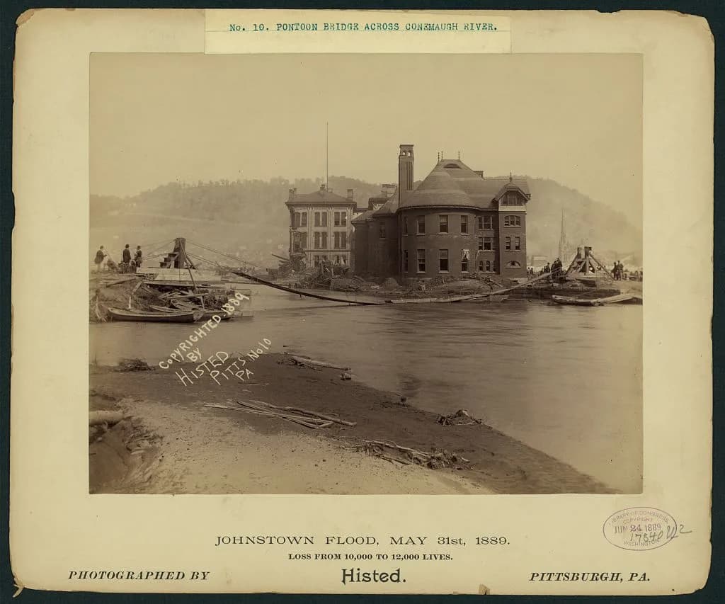 Pontoon bridge constructed across the Conemaugh River