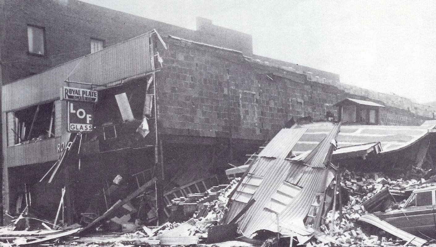 Damaged homes after the 1977 flood